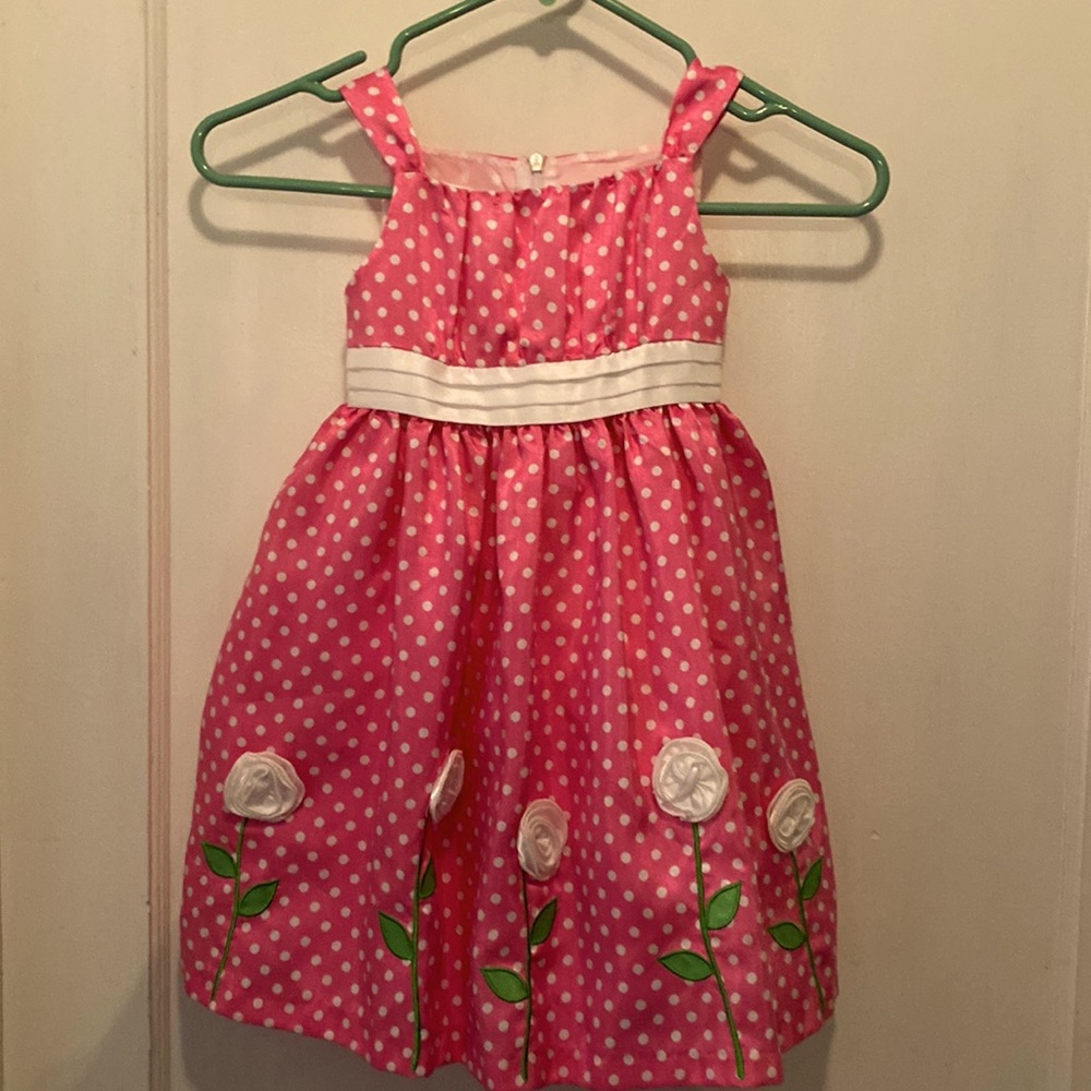 AP Girls Easter Shimmery Pink Dress with White Polka Dots Material Roses